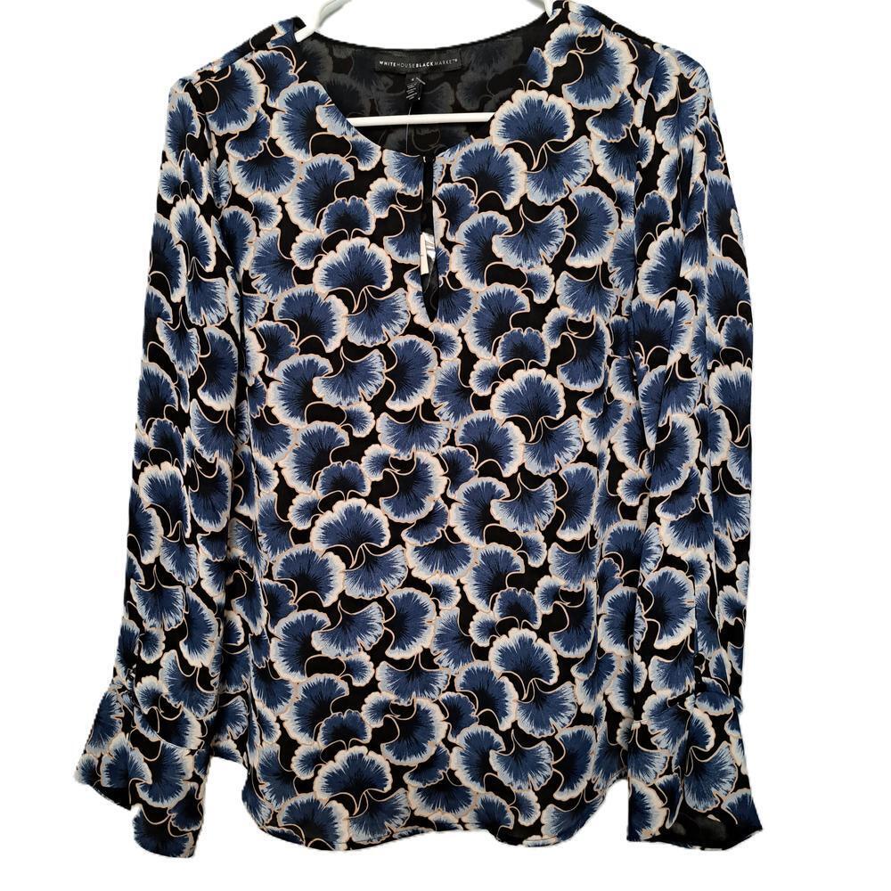White House Black Market Long Sleeve Blue & White Floral Ruffle Blouse Size 4 - Picture 1 of 6